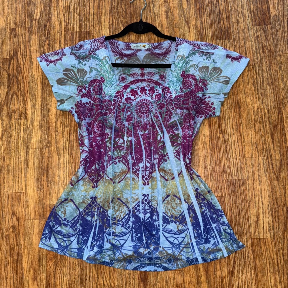 Unity World Wear Top Graphic Mesh Women's M Y2K Fairy Grunge Short Sleeve Boho